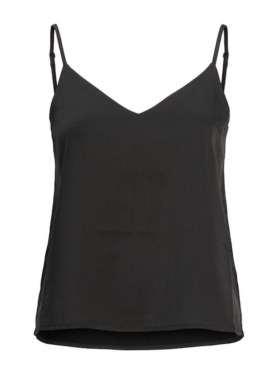 Women's Summer Blouse Satin with Straps & V Neckline Black