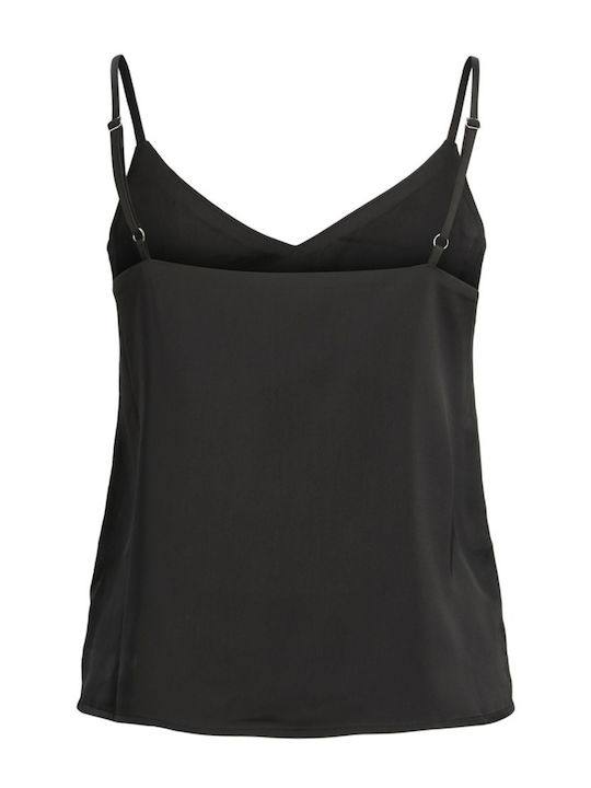 Women's Summer Blouse Satin with Straps & V Neckline Black