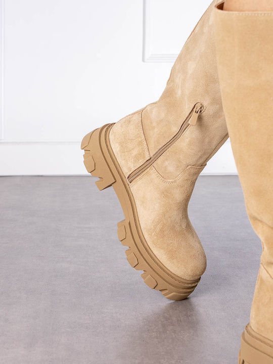 Suede Women's Boots with Zipper Beige