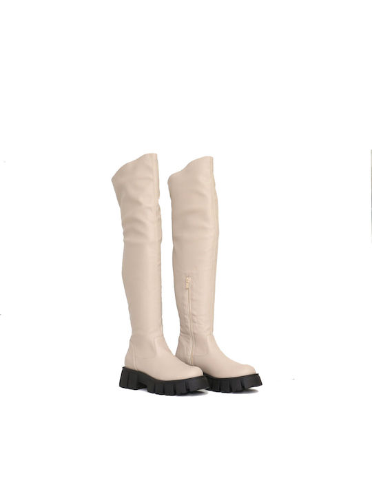Leather Over the Knee Medium Heel Women's Boots with Rubber / Zipper Beige