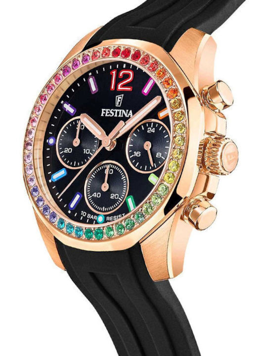 Festina Boyfriend Rainbow Damen Uhr Chronograph mit Schwarz Kautschukarmband
