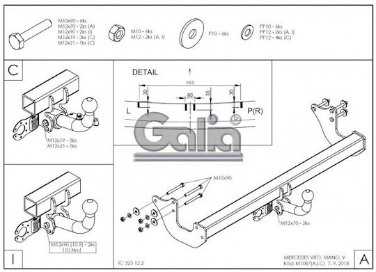 Galia Automatic Tow Hook Car Mercedes-Benz Vito 2003-2014 Automatic Maximum Towing Weight 2500kg