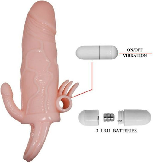 Baile Brave Man Penis Cover Clit & Anal Stimulation Multi-Speed Vibration Penis Extension With Vibration Flesh 16.5cm