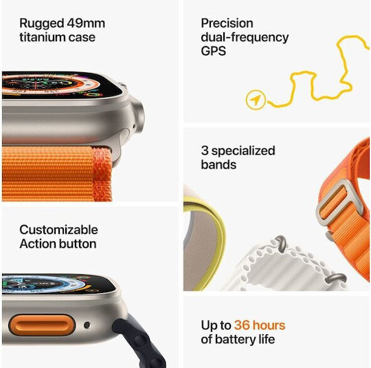 Apple Watch Ultra Titanium 49mm Αδιάβροχο με eSIM και Παλμογράφο (Blue/Gray Trail Loop S/M - S/M)