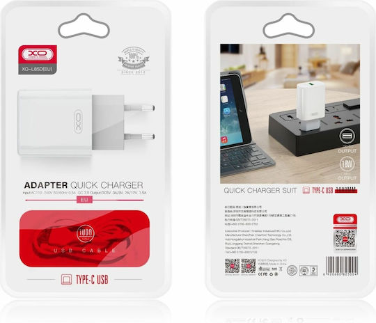 XO Φορτιστής με Θύρα USB-A και Καλώδιο Lightning 18W Quick Charge 3.0 Λευκός (L85D)