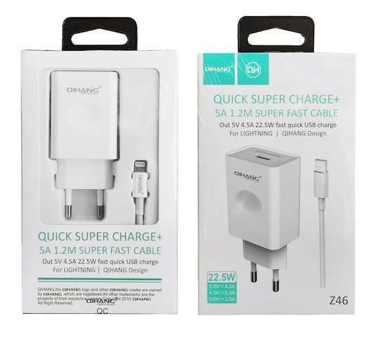 QIHANG Φορτιστής με Θύρα USB-A και Καλώδιο Lightning 22.5W Λευκός (Z46)