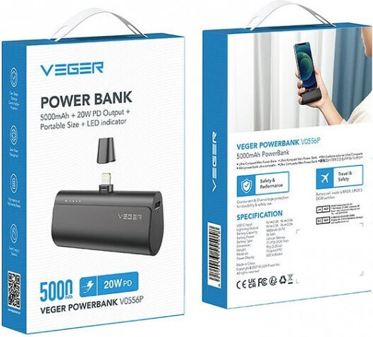 Veger V0556P Power Bank 5000mAh 20W Power Delivery Μαύρο