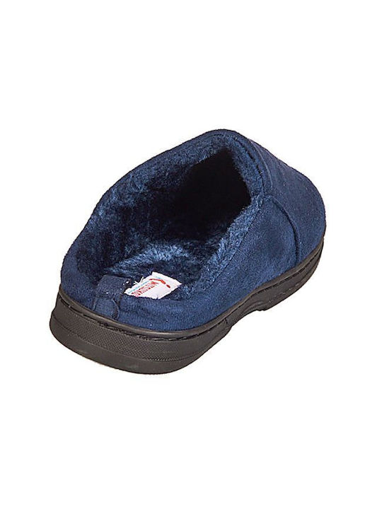 Heel Enclosed Men's Slippers with Fur Blue