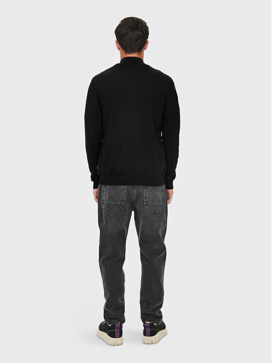 Only & Sons Men's Long Sleeve Sweater with Zipper Black