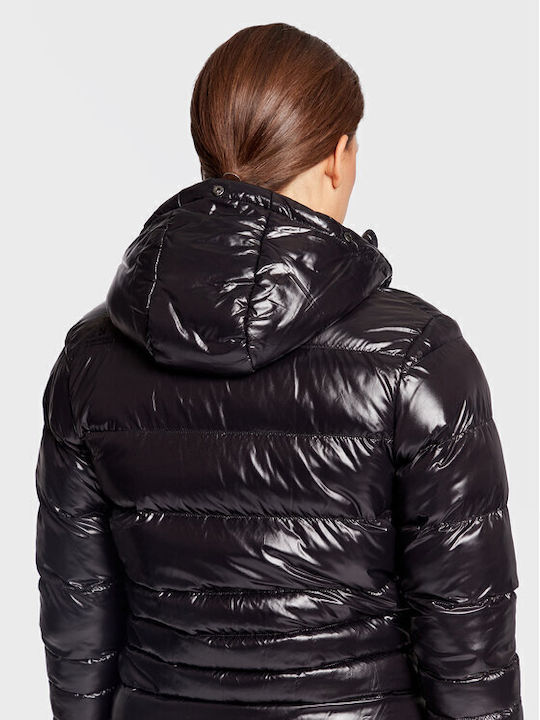 Capalo Scurtă Jachetă de femei Puffer cu glugă de blană Negru