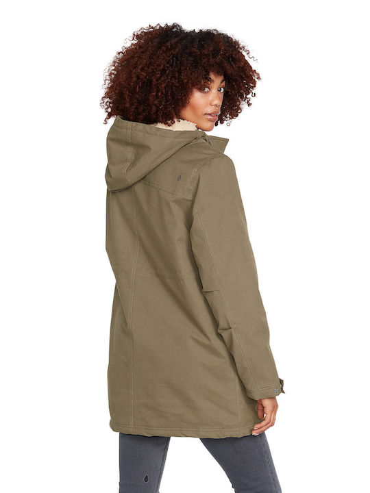 Volcom Less Is More 5K Women's Long Parka Jacket for Winter with Hood Khaki