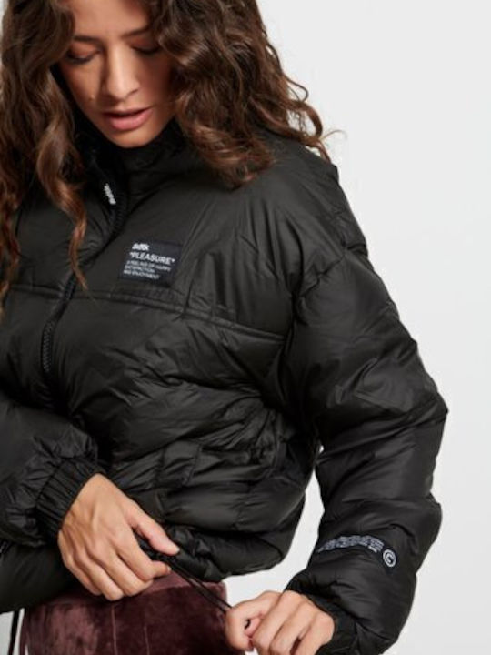 Kurz Damen Puffer Jacke für Winter Schwarz