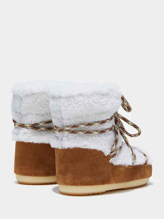 Suede Snow Boots with Laces & Fur Light Low Shearling Beige