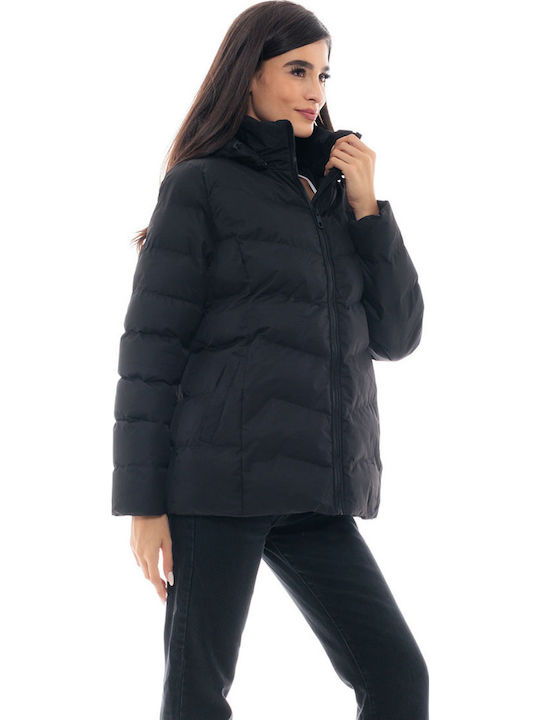 Women's Short Puffer Jacket for Winter with Hood Black
