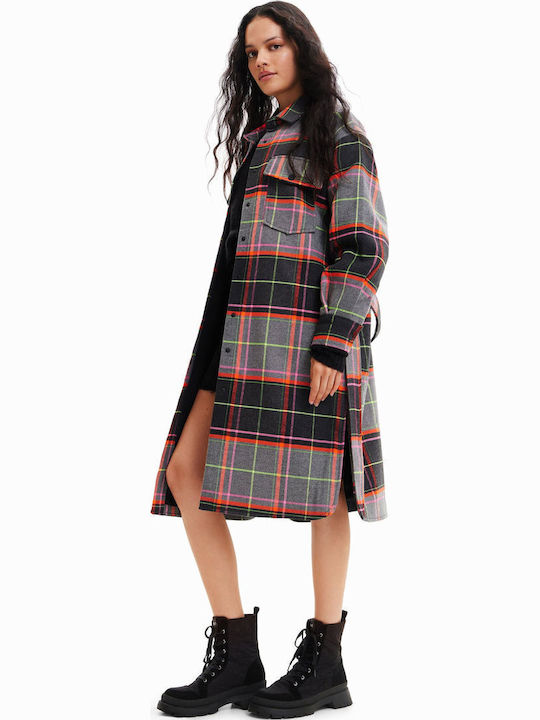 Women's Checked Gray Coat Oversized with Buttons