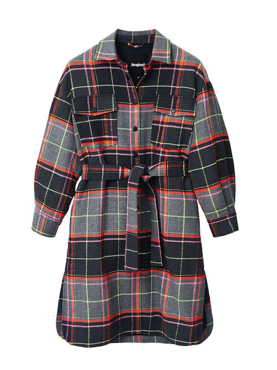 Women's Checked Gray Coat Oversized with Buttons