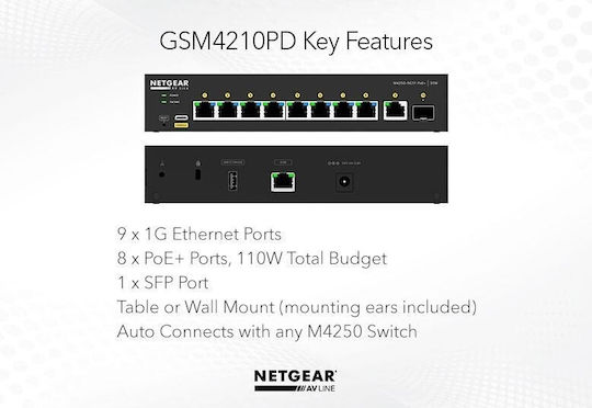 NetGear GSM4210PD Managed L2 PoE Switch με 9 Θύρες Gigabit (1Gbps) Ethernet και 1 SFP Θύρα
