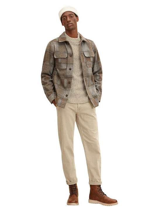 Long Sleeve Overshirt Checked Beige