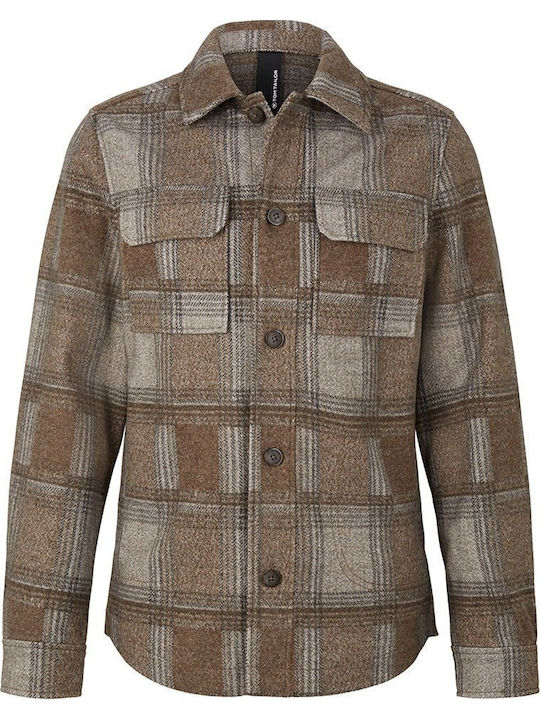 Long Sleeve Overshirt Checked Beige