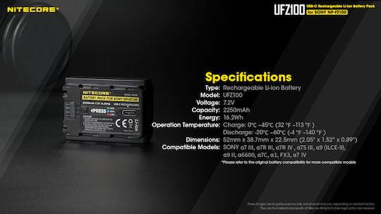 NiteCore Baterie aparat foto UFZ-100 9060100894 Litiu-Ion (Li-Ion) 2250mAh Compatibilă cu Sony