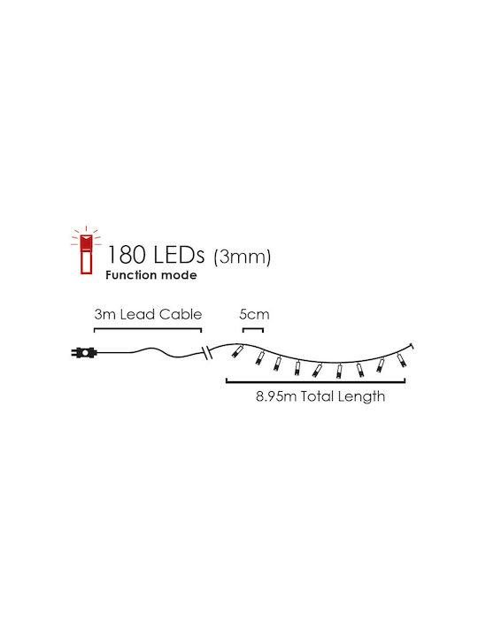 180 Lights LED 3m. Red in String 1pcs