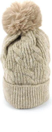 Pom Pom Beanie Frauen Beanie mit Strickmuster in Beige Farbe