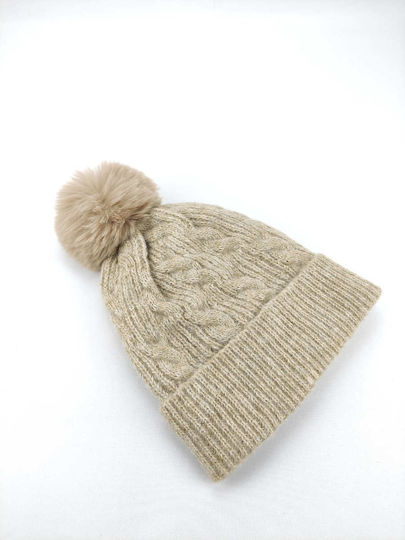 Pom Pom Beanie Frauen Beanie mit Strickmuster in Beige Farbe