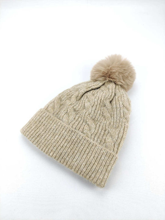 Pom Pom Beanie Frauen Beanie mit Strickmuster in Beige Farbe
