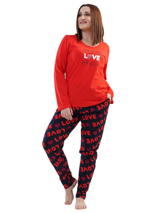 Vienetta, Vienetta Women's winter pajamas "Love" Plus Size (1XL-4XL)-201076b, Vienetta Women's winter pajamas with "Love" print and glitter detail. The blouse has a round open neckline. The trousers are in a similar pattern, black, have two side pockets and elasticated waistband