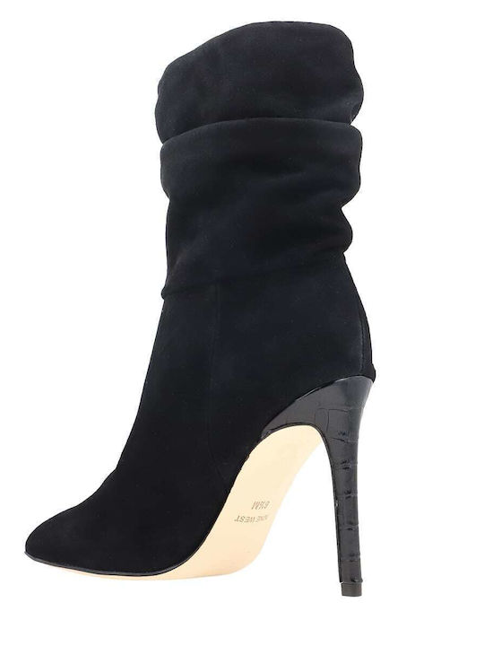 Jenn 01 Suede Γυναικεία Μποτάκια με Ψηλό Τακούνι Μαύρα