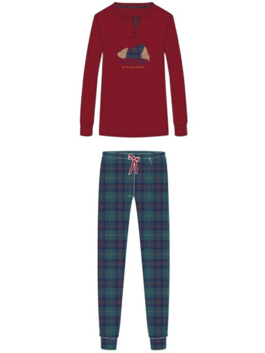 Noidinotte Winter Damen Pyjama-Set Baumwolle Burgundisch