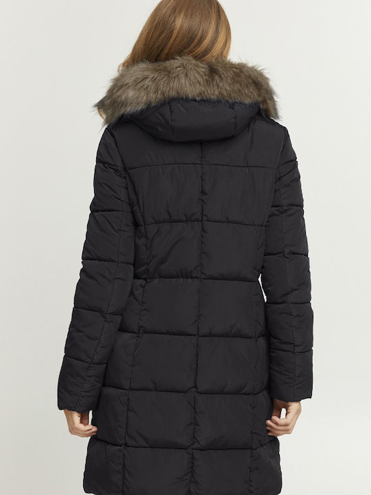 Fransa Lang Damen Puffer Jacke mit pelziger Kapuze für Winter Schwarz