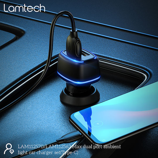 Lamtech Φορτιστής Αυτοκινήτου 2.4A Γρήγορης Φόρτισης με Θύρες: 2xUSB 1xType-C μαζί με Καλώδιο Type-C Μαύρο Χρώμα