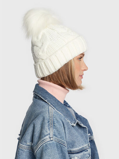 Pom Pom Beanie Frauen Beanie mit Strickmuster in Weiß Farbe