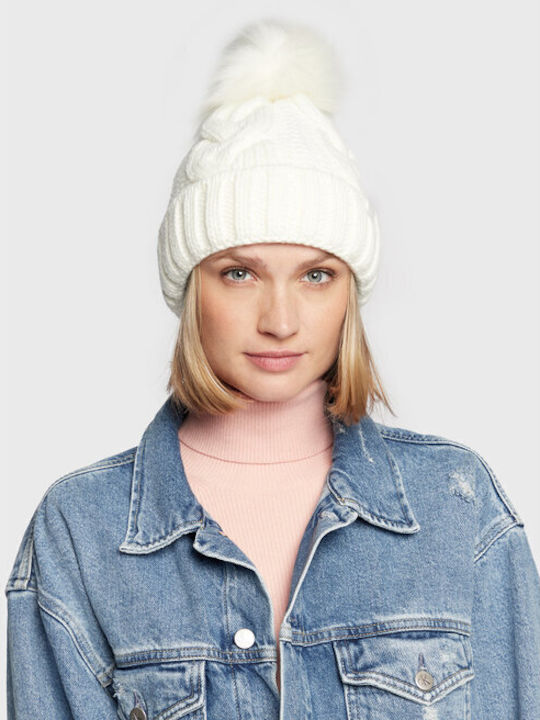 Pom Pom Beanie Γυναικείος Σκούφος με Πλεξούδες σε Λευκό χρώμα