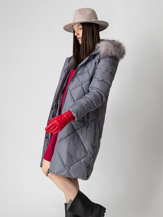 Women's Long Puffer Jacket for Winter with Hood Dk Grey