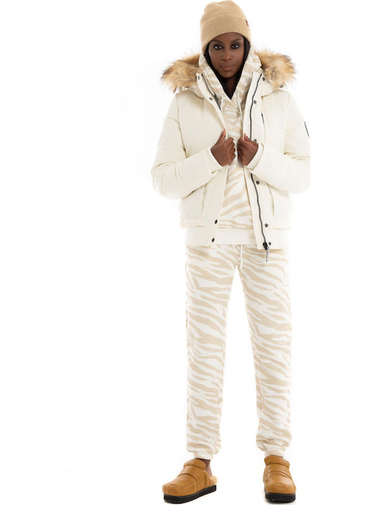 Everest Kurz Damen Puffer Jacke mit pelziger Kapuze für Winter Off White