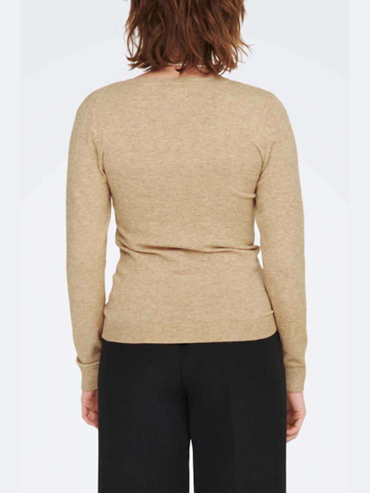 Only Women's Long Sleeve Sweater with V Neckline Sandy Brown