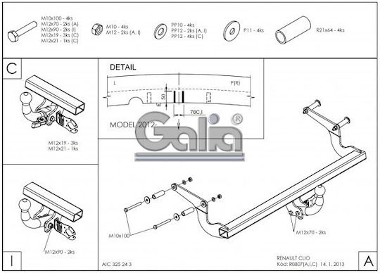 Galia Tow Hook Car Renault Clio Hatchback 2005 with bolts Maximum Towing Weight 1300kg with Screws