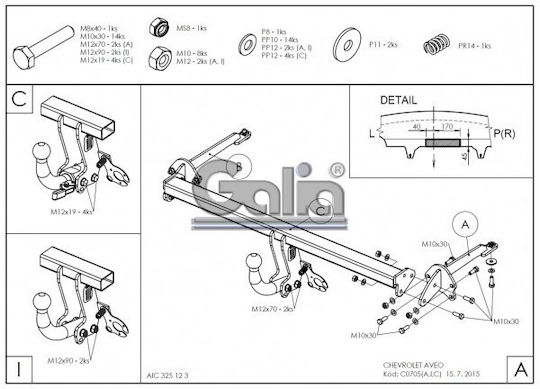Galia Automatic Tow Hook Car Chevrolet Aveo 3/5 door 2011 Automatic Maximum Towing Weight 1200kg