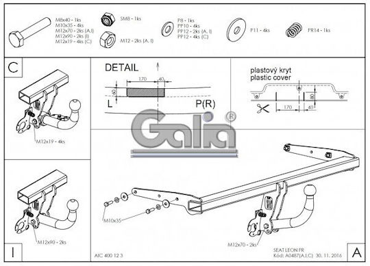 Galia Automatic Tow Hook Car Seat Leon Hatchback 2013 - 2017 Automatic Maximum Towing Weight 2000kg