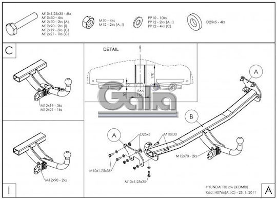 Galia Tow Hook Car Hyundai i30 Kombi 2008 - 2012 with bolts Maximum Towing Weight 1500kg with Screws
