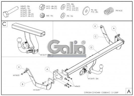 Galia Κοτσαδόρος Αυτοκινήτου Citroen C5 Kombi 2008 με Βίδες Μέγιστης Έλξης 1900kg με Βίδες
