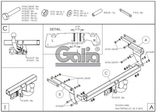 Galia Atașament de remorcare Car Toyota Yaris Hatchback 2006 - 2014 Automat Tracțiune maximă 1050kg