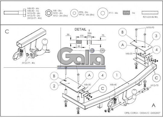 Galia Tow Hook Car Opel Corsa Hatchback 2000 - 2006 with Bolts Maximum Towing Weight 1200kg with Screws