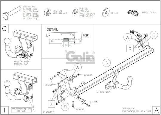 Galia Automatic Tow Hook Car Citroen C4 Iii 2021 Automatic Maximum Towing Weight 1400kg
