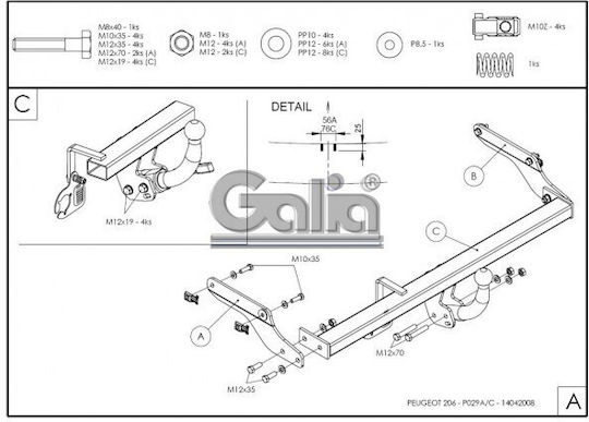 Galia Automatic Tow Hook Car Peugeot 206 Hatchback 2003 Automatic Maximum Towing Weight 1100kg