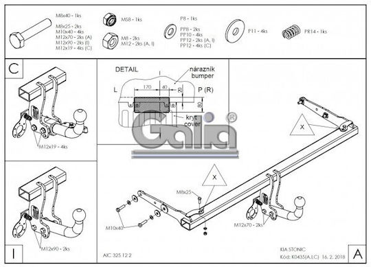 Galia Tow Hook Car Kia Stonic Suv 2017 with Bolts Maximum Towing Weight 1400kg with Screws