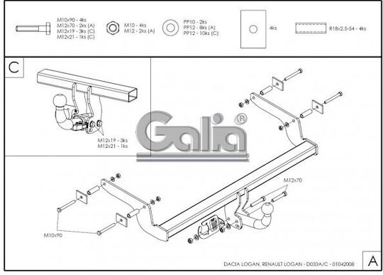 Galia Automatic Tow Hook Car Dacia Logan 4 door 2004 - 2012 Automatic Maximum Towing Weight 1100kg