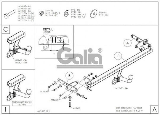 Galia Atașament de remorcare Car Fiat 500X 5 uși 2014 cu șuruburi Tracțiune maximă 1700kg